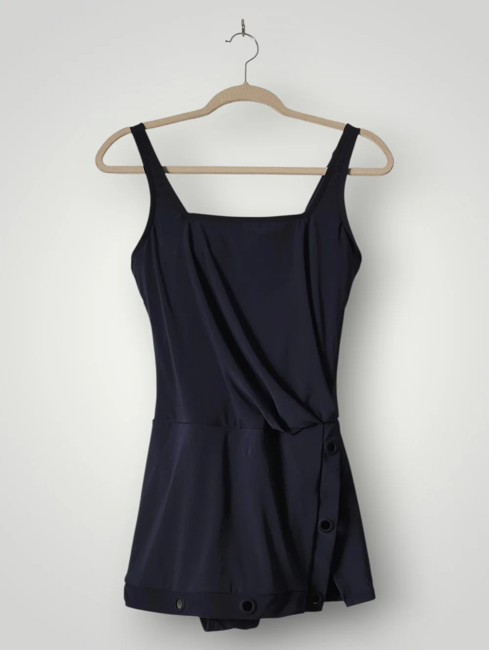 Beyond Control Navy Swim Dress 8 Square Neck Grommet Detail Tummy Control Coasta